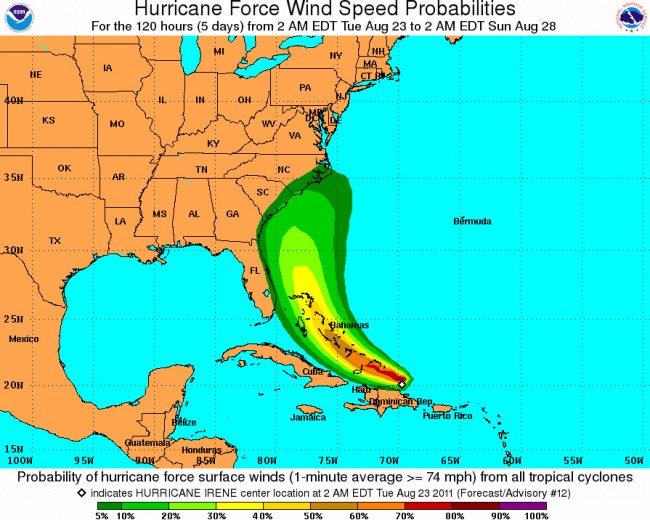 hurricane Irene wind speed probabilities for florida north carolina south carolina