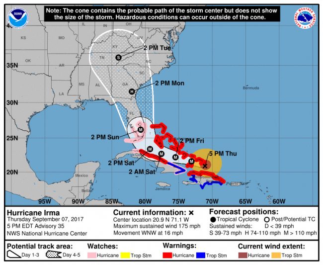 Hurricane Irma’s track at 5 p.m. Thursday. Click on the image for larger view.