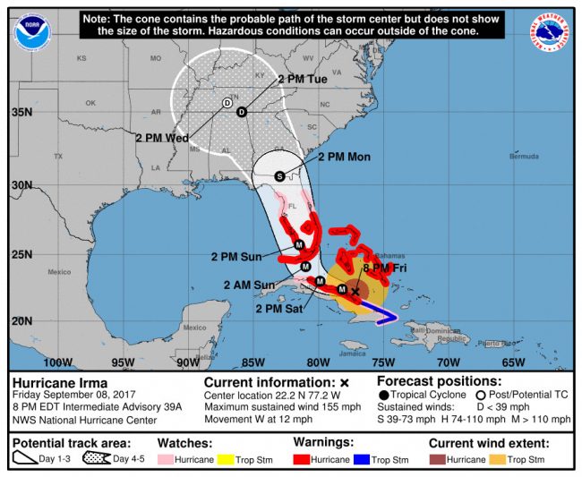 Hurricane Irma’s track at 8 a.m. Friday. Click on the image for larger view.