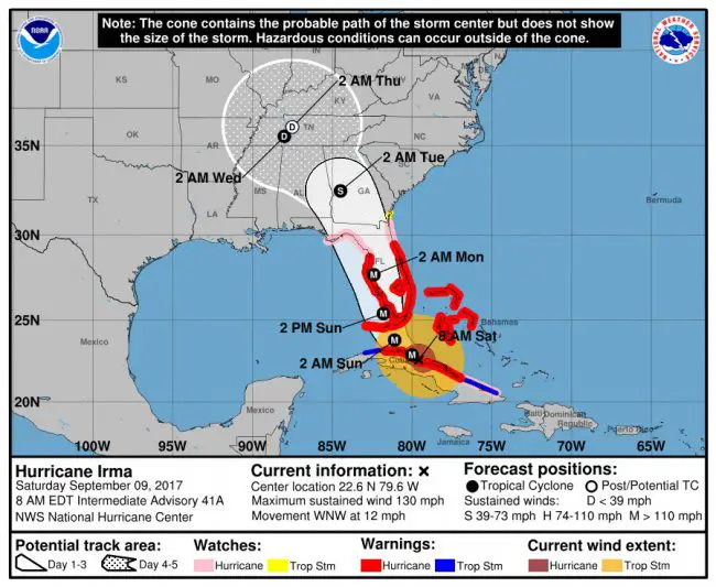 Hurricane Irma’s track at 8 a.m. Saturday. Click on the image for larger view.