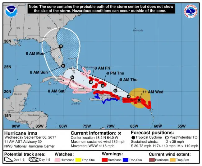 Hurricane Irma's track as forecast at 11 a.m. Wednesday, Sept. 6. Click on the image for larger view.