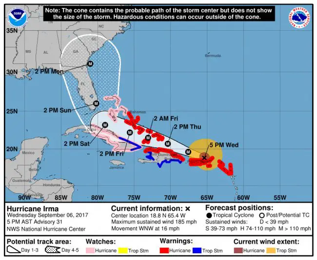 Hurricane Irma’s track as forecast at 5 p.m Wednesday, Sept. 6. Click on the image for larger view.