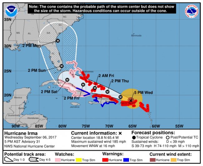 Hurricane Irma’s track as forecast at 5 p.m Wednesday, Sept. 6. Click on the image for larger view.