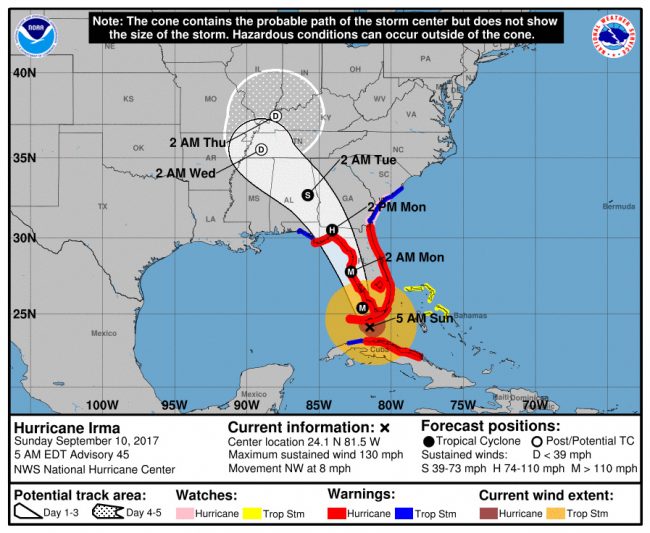 Hurricane Irma's track Sunday morning at 5 a.m. Click on the image for larger view.