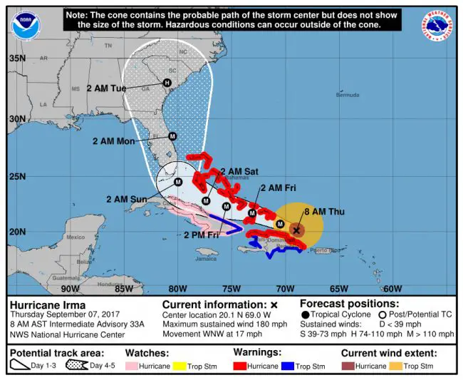 Hurricane Irma's track at 8 a.m. Thursday. Click on the image for larger view. 