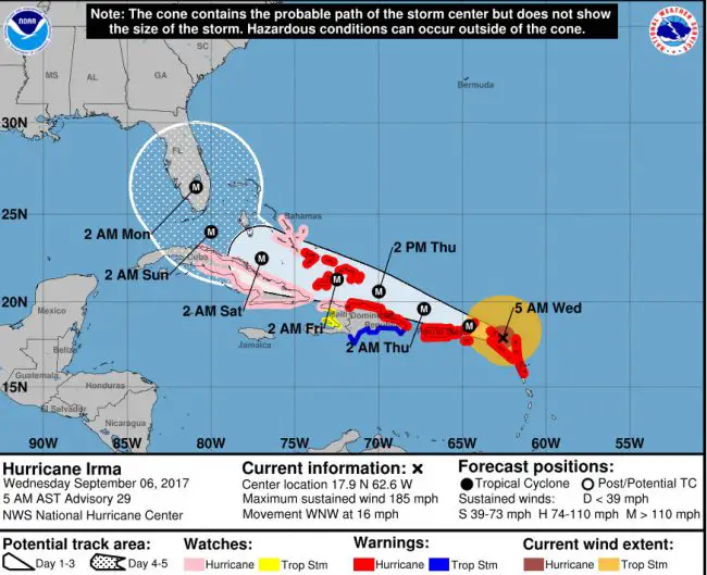 Hurricane Irma’s track as of 5 a.m. Wednesday, Sept. 6. Click on the image for larger view.