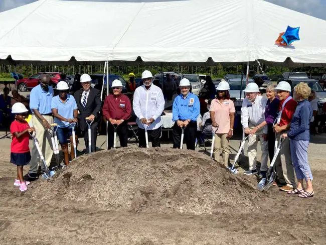 Among the participants in the groundbreaking for the new Palm Coast United Methodist Church campus were Isabella Calloway, far left; Rev. Dr. Keven James Sr., second from left; and Palm Coast Mayor David Alfin, fourth from left. FlaglerLive photo