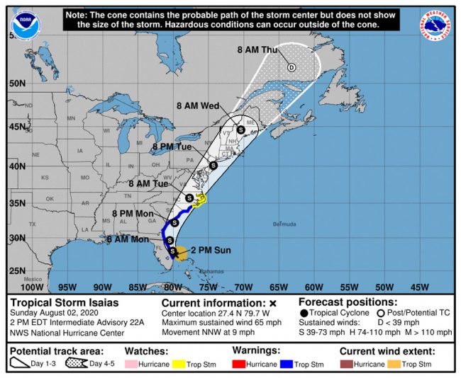 Tropical Strom Isaias's path was much less of a threat Sunday afternoon.