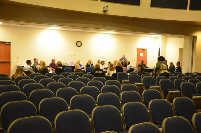 Palm Coast City Council member Jack Howell addressing the Flagler County Housing and Homelessness Taskforce Tuesday afternoon at the Government Services Building. He was kinder to the members than when he spoke about them to his council a couple of hours later. (© FlaglerLive)