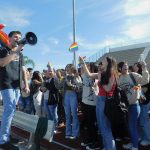 Jack Petocz, left, at the height of the walkout he organized this morning at Flagler Palm Coast High School, an hour or two before he was suspended pending an investigation. (© FlaglerLive)