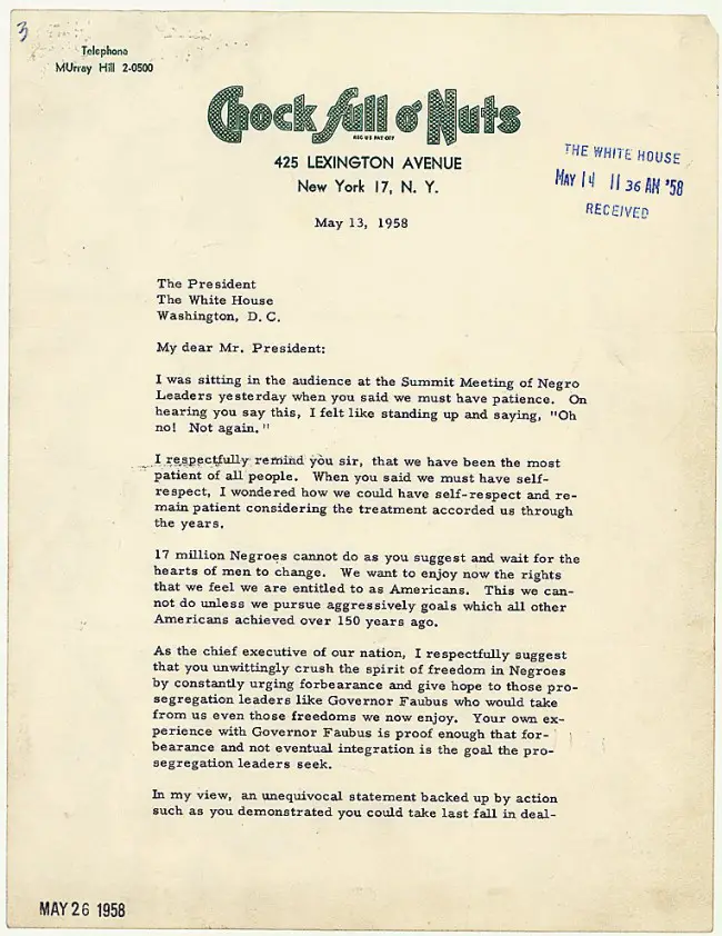 A letter from Jackie Robinson to President Eisenhower. Click on the image for larger view. (National Archives)