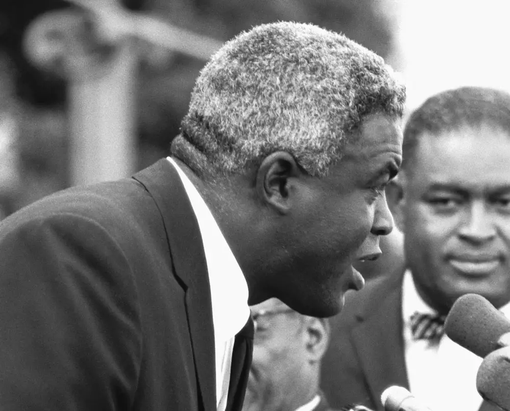 Jackie Robinson addresses civil rights supporters protesting outside the 1964 GOP National Convention.