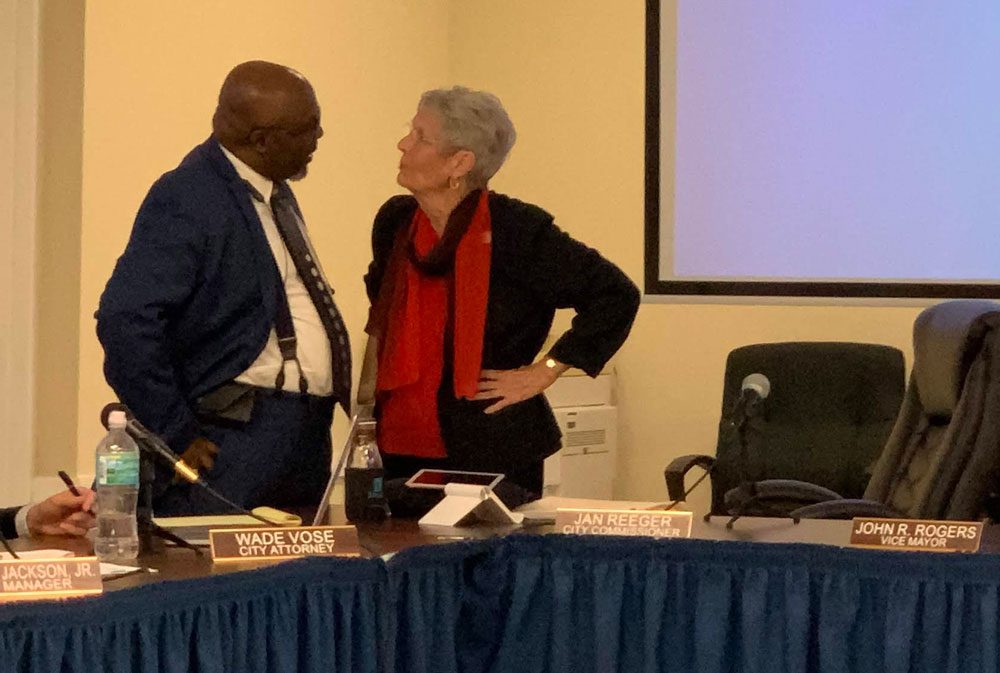 Alvin Jackson and Jan Reeger, toe to toe immediately after the end of the meeting Monday evening when Reeger attempted to fire Jackson. (© FlaglerLive)