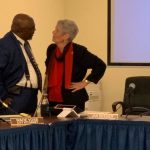 Alvin Jackson and Jan Reeger, toe to toe immediately after the end of the meeting Monday evening when Reeger attempted to fire Jackson. (© FlaglerLive)