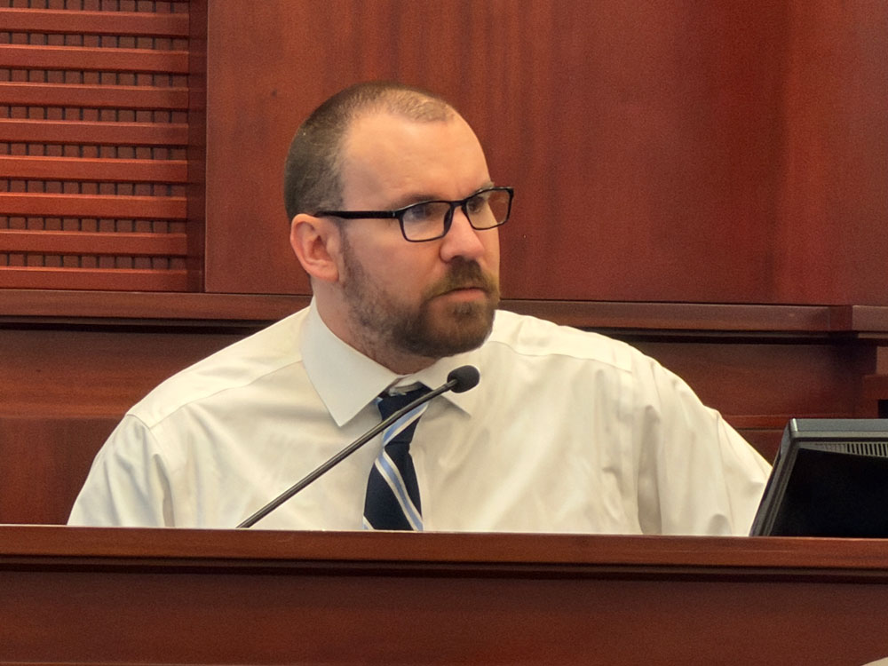 James Melady on the stand, in his own defense, today. (© FlaglerLive)