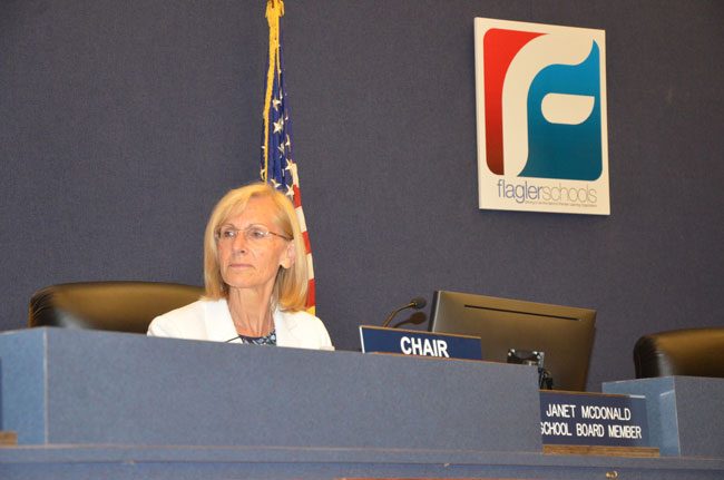 Janet McDonald, as chair of the Flagler County School Board, has been driving the conversation about the next superintendent. (c FlaglerLive)