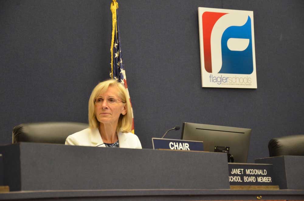 School Board Chair Janet McDonald says she had asked for an invocation to be placed on the agenda prior to the August meeting. School Board Attorney Kristy Gavin and Superintendent Jim Tager said she had not asked them. (© FlaglerLive)