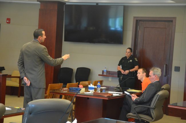 Assistant State Attorney Jason lewis was withering in his cross-examination of McDevitt, as McDeviott's attorney (© FlaglerLive)