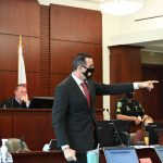 "This defendant did the unspeakable, ladies and gentlemen. He fled from the scene," Assistant State Attorney tells the jury as he points to Joshua Carver, the Palatka man on trial in Bunnell over the hit-and-run death of John Rogers in 2020. Carver faces up to 30 years in prison if convicted. (© FlaglerLive)