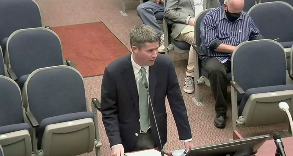 Jay Glover, the county's financial adviser, addressing the commission this evening. (© FlaglerLive via YouTube)