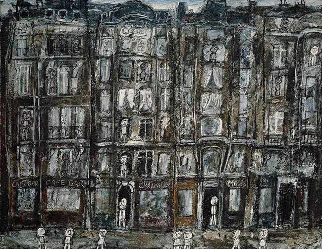 Jean Dubuffet's 'Apartment Houses' (1946). This painting, part of yet another series of some fourteen oils and gouaches, focuses on pedestrians in various back alleys of Paris. Emulating the features of Art Brut, Dubuffet intentionally adopted a crude style. The street, sidewalks, and houses are stacked in rows, one above the other, without perspective, depth, or modeling. Windows and shop signs are stuck at random onto facades. The overall effect evokes the backdrop of a puppet theater, such as Dubuffet himself had built and decorated during his previous interlude as a painter (1934–37), when he also carved and painted marionettes.'