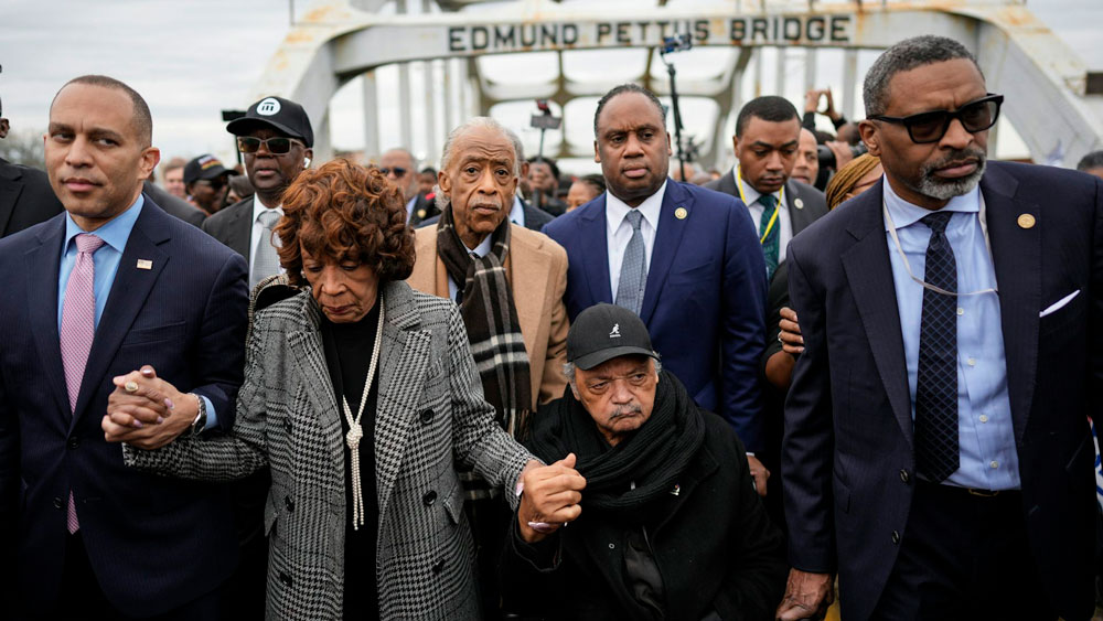 Jesse Jackson remained a fixture throughout his life at civil rights marches and Democratic Party events. Here, in 2025, he crossed the Pettus Bridge in Selma with other Black leaders, including U.S. Reps. Hakeem Jeffries and Maxine Waters.