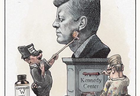 Kennedy Centre removes Trump using wart remover by Michael de Adder, CagleCartoons.com