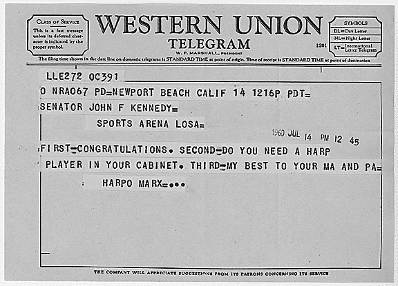 harpo mark telegram to john f. kennedy jfk 1960