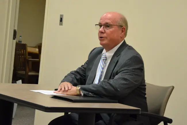 Former Sheriff Jim Manfre during his interview for judge Wednesday before the Judicial Nominating Commission. (© FlaglerLive)