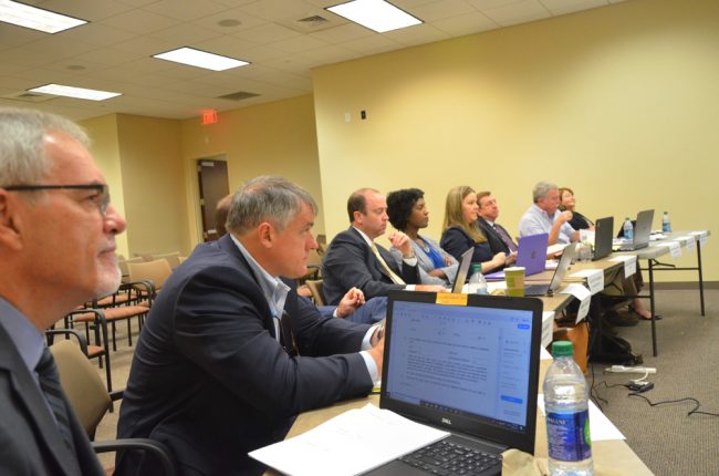 The Judicial Nominating Commission during interviews Wednesday. Matthew Cline, second from left, grilled Manfre. (© FlaglerLive)