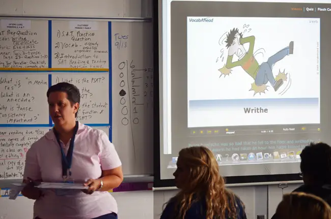The author in her class at Matanzas High School, with students who may or may not have factored in her "value-added model" scores that determine half her evaluation. Nahirny is not a fan of VAM scores. (© FlaglerLive)