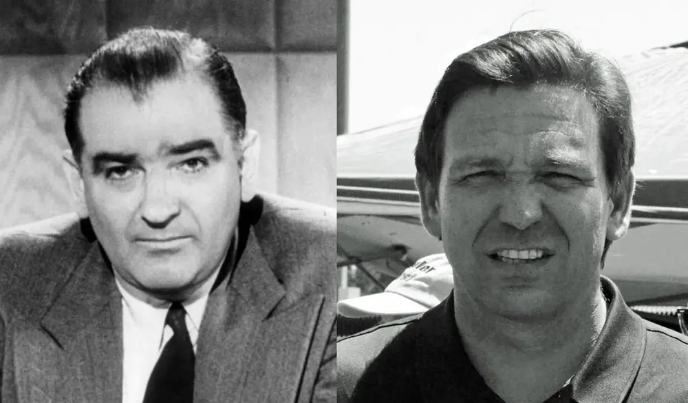 Sen. Joe McCarthy, left, and Gov. Ron DeSantis. (Wikimedia Commons and (© FlaglerLive)