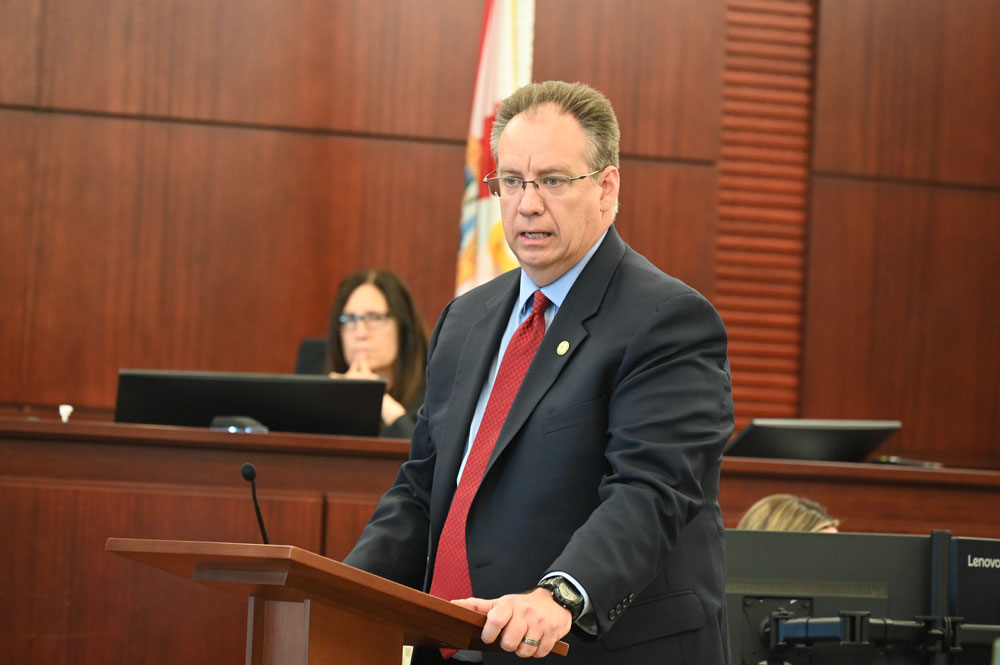 Assistant State Attorney Mark Johnson trying a case in Circuit Judge Dawn Nichols's courtroom earlier this year. (© FlaglerLive)