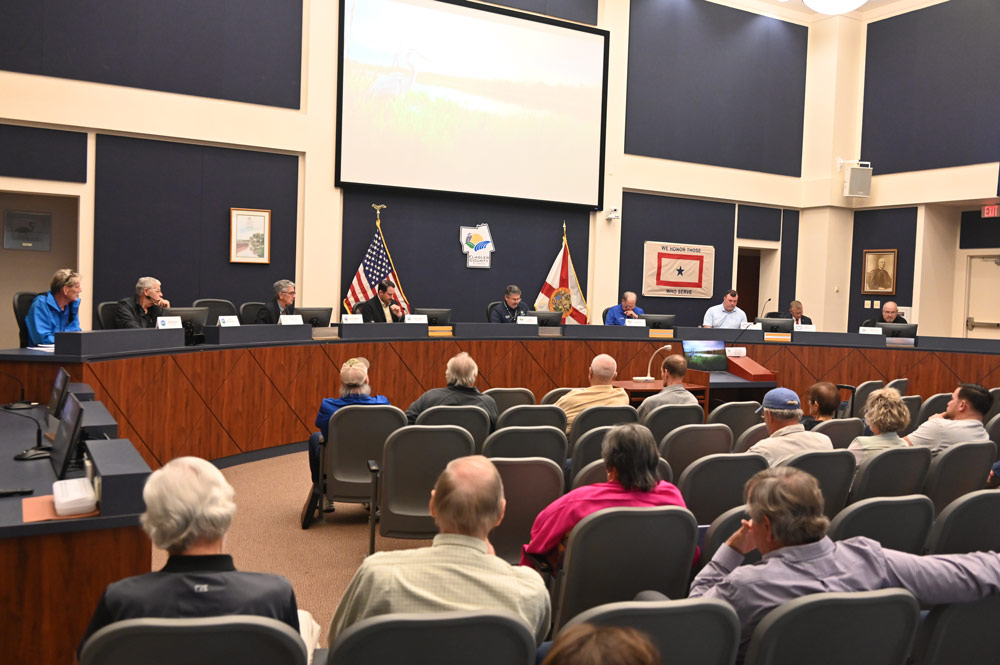 Wednesday's joint meeting of local governments on a proposed beach-management plan included representatives of Flagler County, Palm Coast, Flagler Beach, Bunnell, Beverly Beach, and by phone, Marineland. (© FlaglerLive)