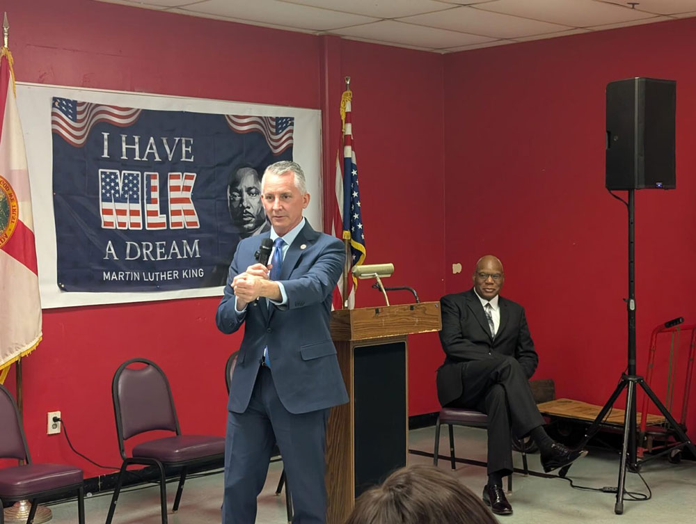 David Jolly (with the Rev. R.B. Holmes Jr. on the right) at the Bethel Family Life Center in Tallahassee on Feb.9, 2026. (Photo by Mitch Perry/Florida Phoenix)