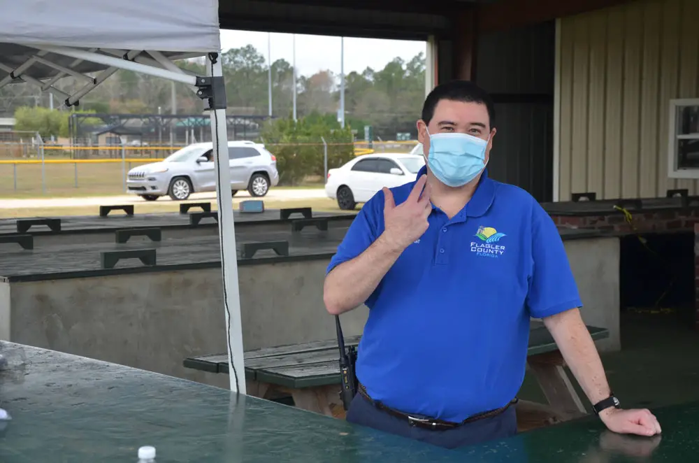 Flagler County Emergency Management Chief Jonathan Lord at the County Fairgrounds vaccination site on Saturday. (© FlaglerLive)