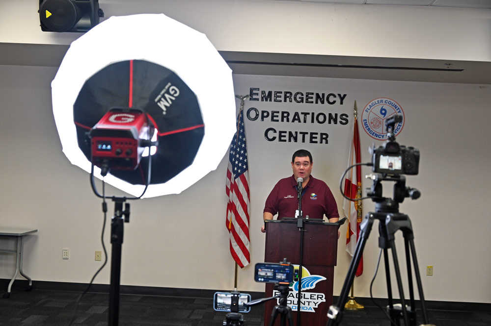 Flagler County Emergency Management Director Jonathan Lord in a press conference during last October's Hurricane Milton Emergency. (© FlaglerLive)