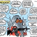 Clay Jones, the author of the above cartoon, drew a related one yesterday, with the elephant in clasped hands and the caption: "Thoughts and prayers." He wrote: "Lauren Boebert inspired this cartoon. Yesterday, she tweeted “thoughts and prayers” to the victims and survivors in Maine. I tweeted a reply to her stating that maybe she should send her Christmas card to them and perhaps that would cheer them up."