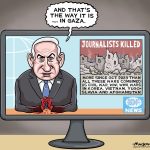 Benjamin Netanyahu news anchor by Graeme MacKay, caglecartoons.com