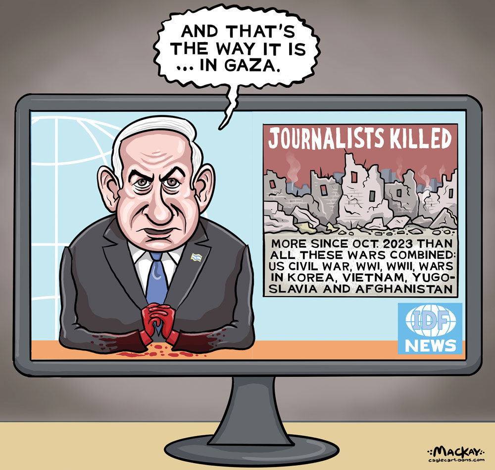Benjamin Netanyahu news anchor by Graeme MacKay, caglecartoons.com
