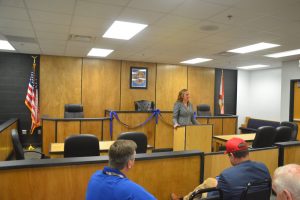 County Judge Melissa Distler, in her element. It was a visit to her courtroom that sparked students' idea for a law flagship. (© FlaglerLive)