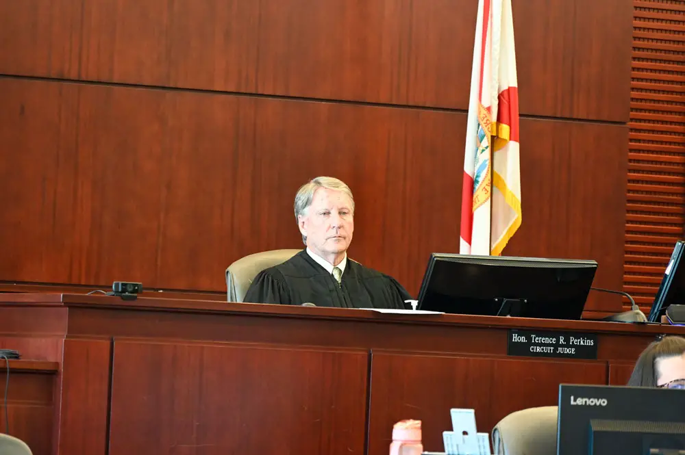 Circuit Judge Terence Perkins, seen here in a previous case, termed the re-commitment of  Richard Dunn to a state hospital a "close call." (© FlaglerLive)