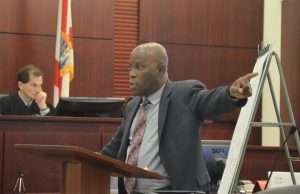 Junior Barrett, Dorothy Singer's attorney, during closing arguments. (c FlaglerLive)