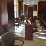 The jury box in Courtroom 401 at the Flagler County courthouse, where criminal trials are held. It'll be idle for a few more weeks. (© FlaglerLive)