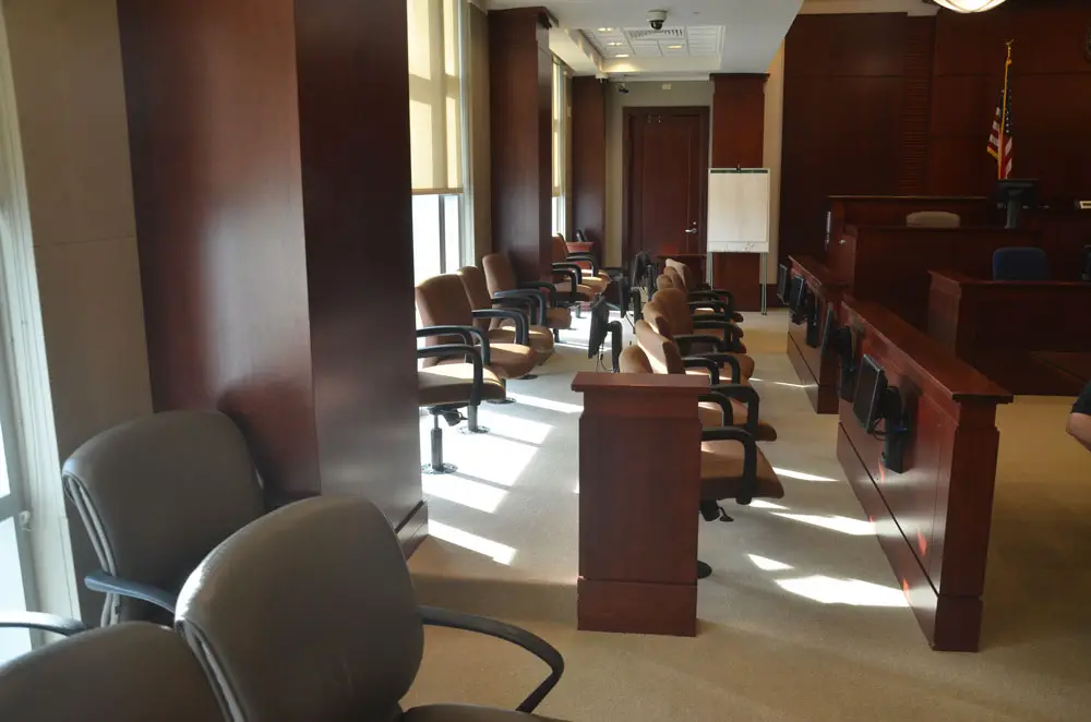 The jury box in Courtroom 401 at the Flagler County courthouse, where criminal trials are held. It'll be idle for a few more weeks. (© FlaglerLive)