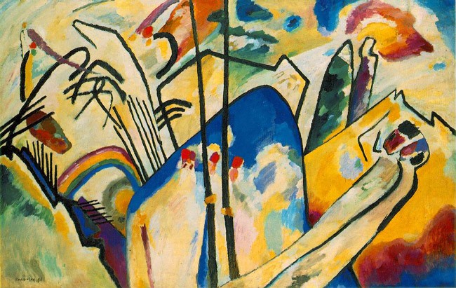 Kandinsky's Composition IV, 1911. From WikiArt: "An interesting story that indicates Kandinsky’s intellectual examination in the creation of his works revolves around this composition. He became exhausted during the months of studying he went through in preparation for this painting, and decided to go for a walk. His assistant at the time, Gabrielle Munter, who was tidying up the studio in the artist’s absence, inadvertently turned the canvas on its side. Upon Kandinsky’s return, he saw the canvas, fell to his knees and began weeping at the beauty of the painting. His newly found perspective on the piece would change his artistic vision and direction for the rest of his life."