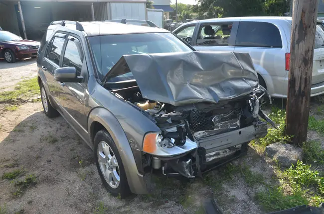 The Ford SUV Keefe Crawford drove into an oncoming car on State Road A1A in Flagler Beach, in a suicide attempt on June 9. (© FlaglerLive)