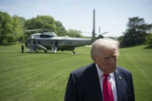 President Donald Trump speaks to the press before departing the White House on April 16, 2026