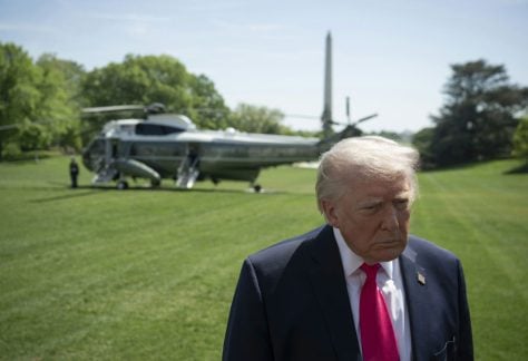 President Donald Trump speaks to the press before departing the White House on April 16, 2026