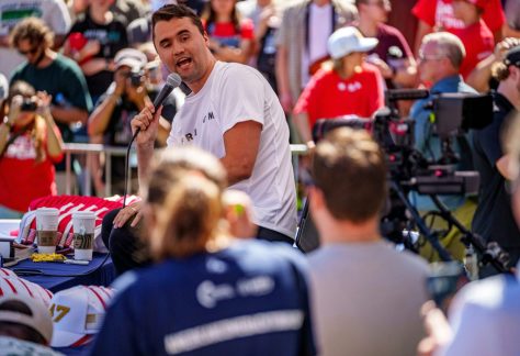 Charlie Kirk speaks at Utah Valley University on Sept. 10, 2025, in Orem, Utah, shortly before he was shot and killed.